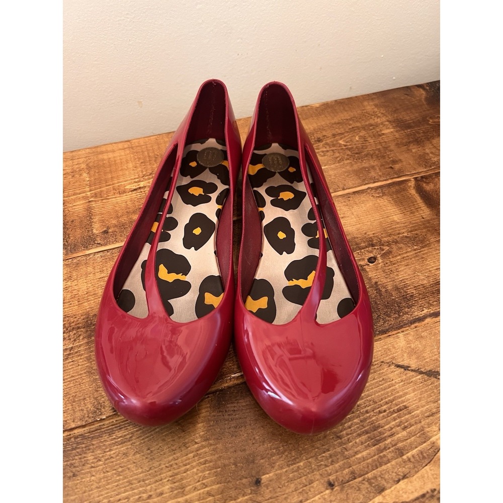 Melissa Jelly Ballet Flats Women Size 7 Red Good Leopard Print Asymmetrical PVC